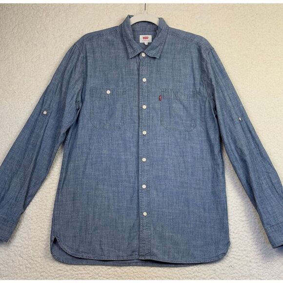 Levi's Shirt Mens Blue Denim Slim Fit Roll‎ Tab Sleeve Pockets Button Down Large - Picture 1 of 8